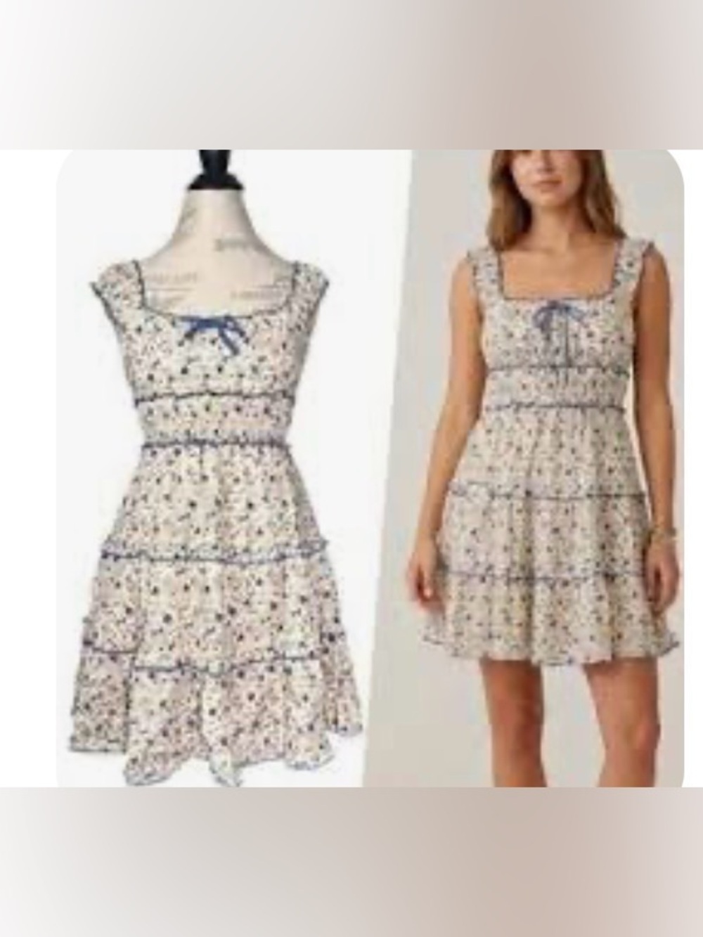 Japna Cream Floral Mini Dress with Blue Trim